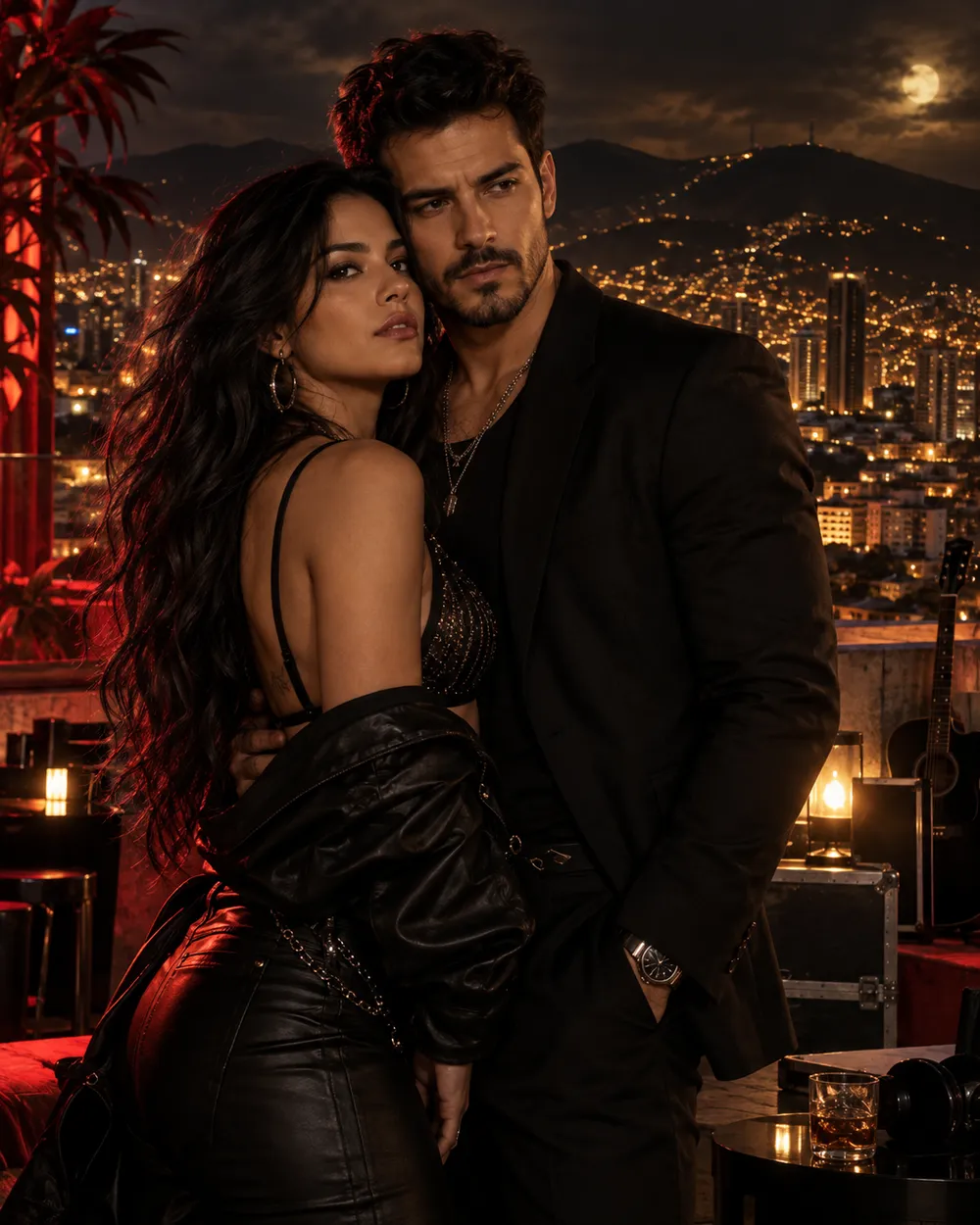 Yeimy y Charly en una terraza de noche con Medellín iluminada detrás